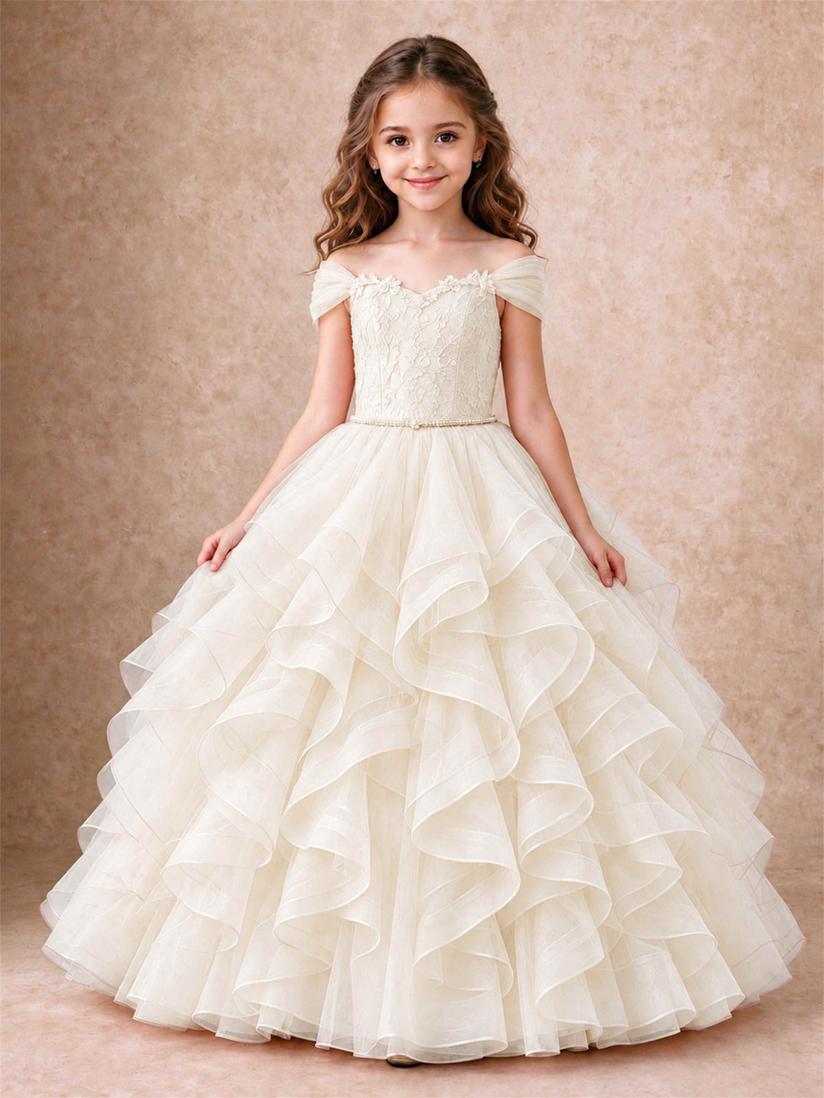 Off Shoulder Ruffle Tulle Girls Pageant Dress Lace Bodice Princess Gown With Pearl Belt