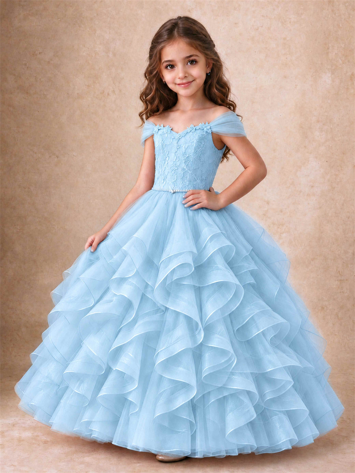 Off Shoulder Ruffle Tulle Girls Pageant Dress Lace Bodice Princess Gown With Pearl Belt
