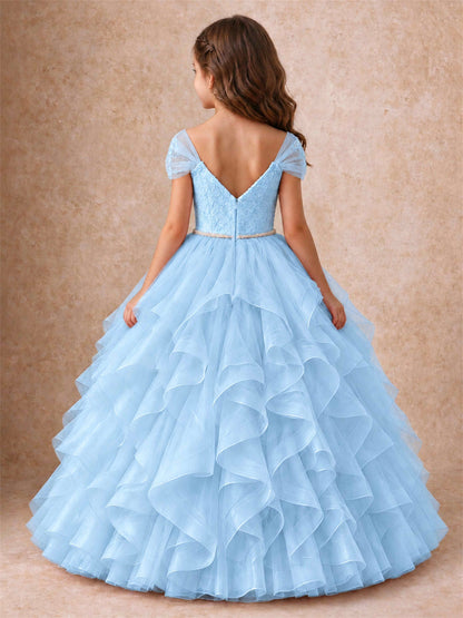Off Shoulder Ruffle Tulle Girls Pageant Dress Lace Bodice Princess Gown With Pearl Belt
