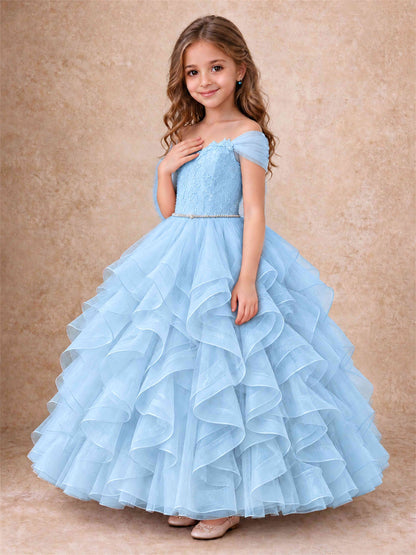 Off Shoulder Ruffle Tulle Girls Pageant Dress Lace Bodice Princess Gown With Pearl Belt