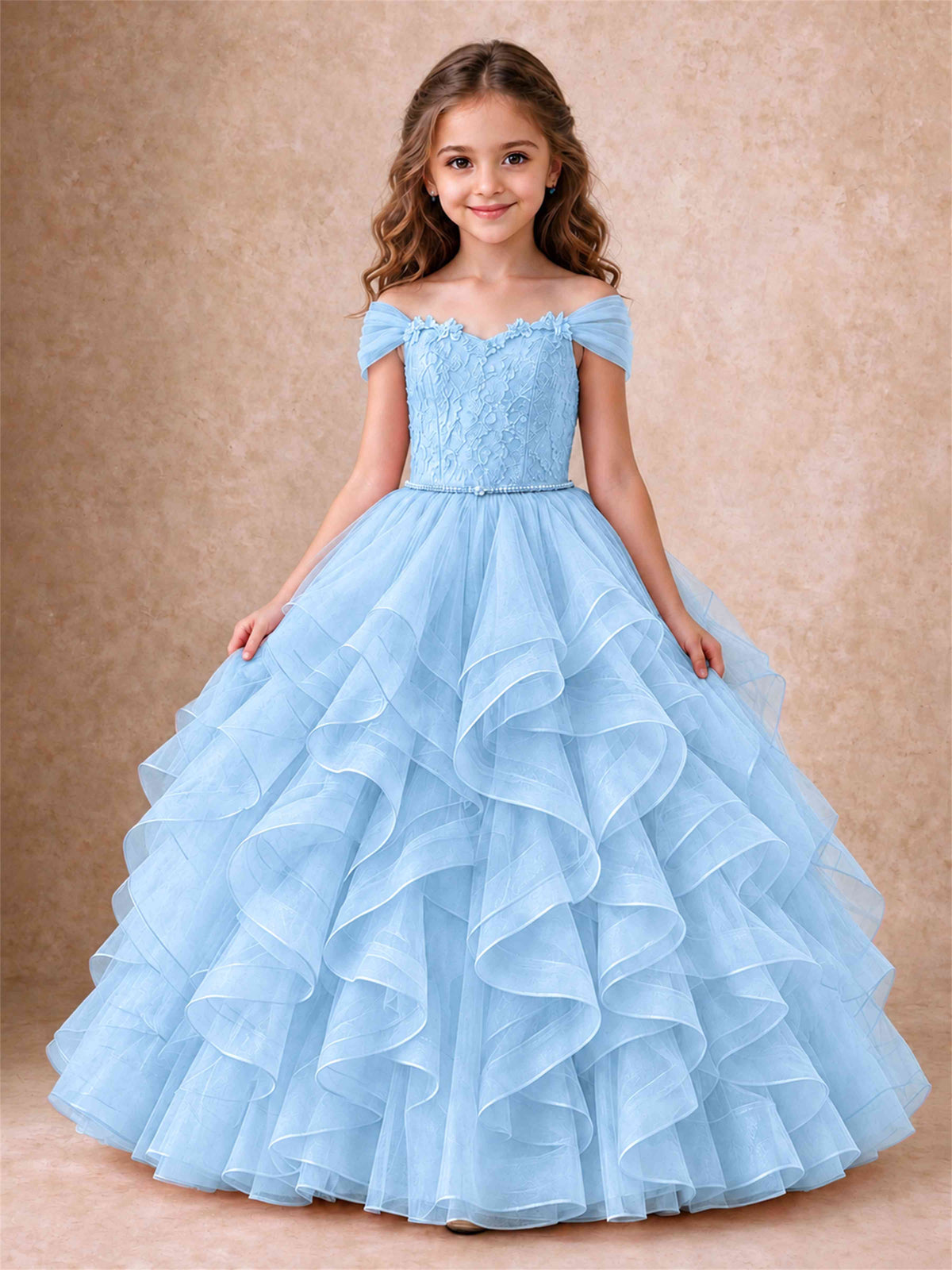 Off Shoulder Ruffle Tulle Girls Pageant Dress Lace Bodice Princess Gown With Pearl Belt