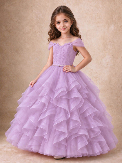 Off Shoulder Ruffle Tulle Girls Pageant Dress Lace Bodice Princess Gown With Pearl Belt