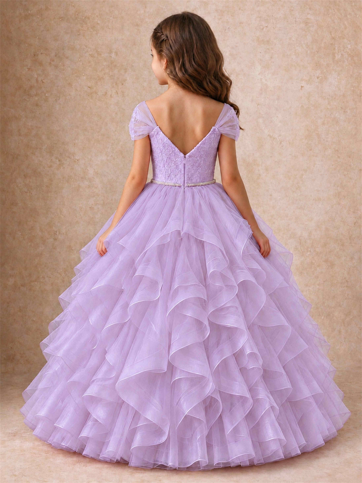 Off Shoulder Ruffle Tulle Girls Pageant Dress Lace Bodice Princess Gown With Pearl Belt