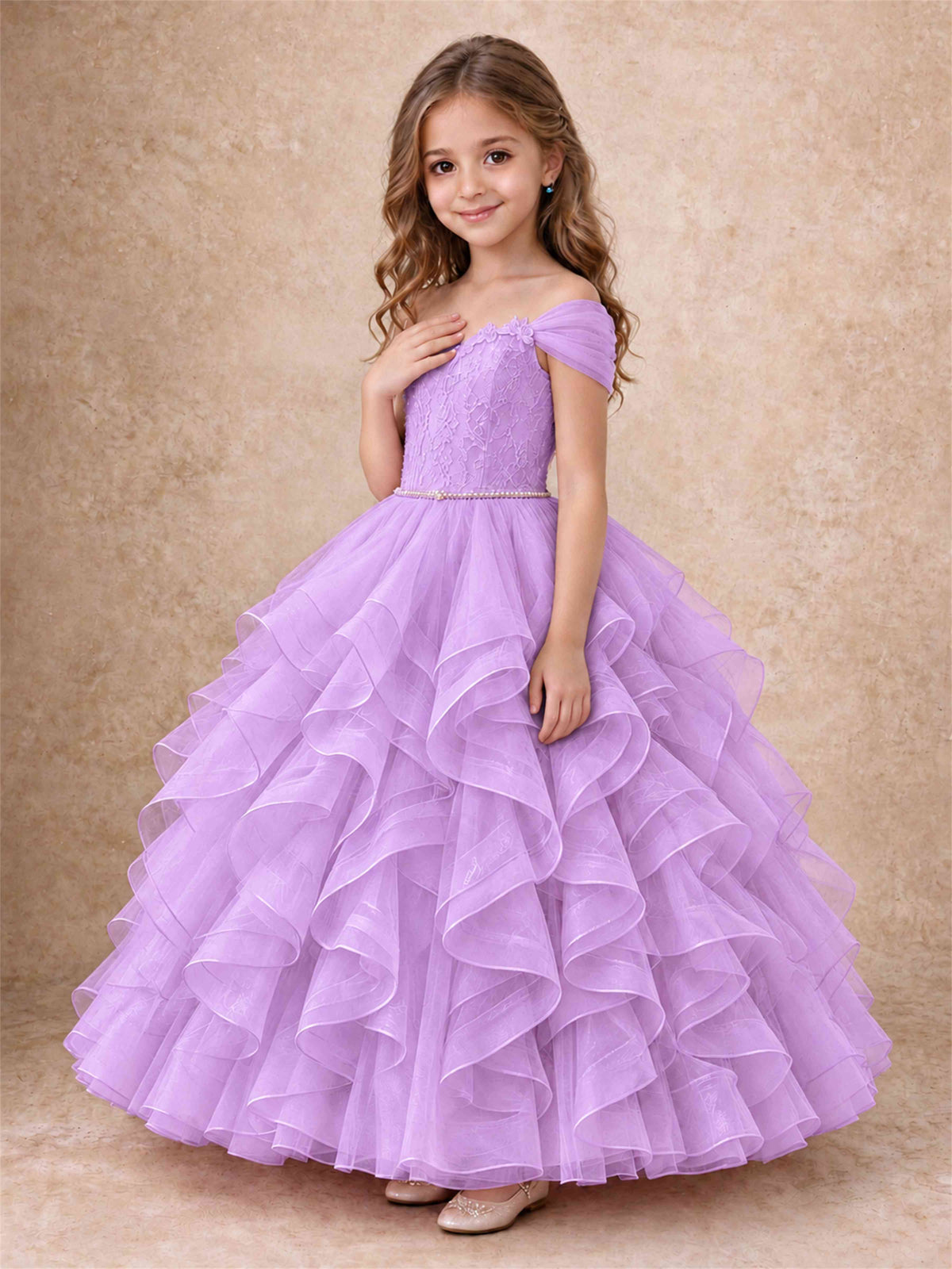 Off Shoulder Ruffle Tulle Girls Pageant Dress Lace Bodice Princess Gown With Pearl Belt