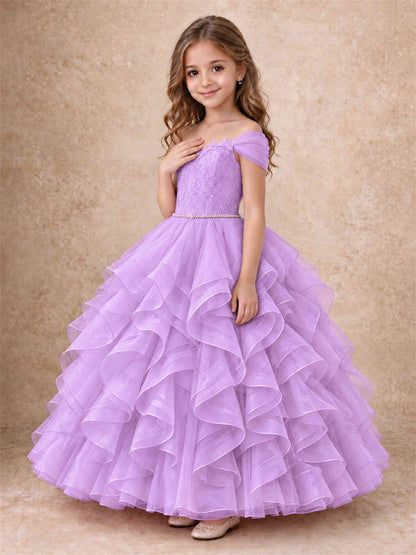 Off Shoulder Ruffle Tulle Girls Pageant Dress Lace Bodice Princess Gown With Pearl Belt