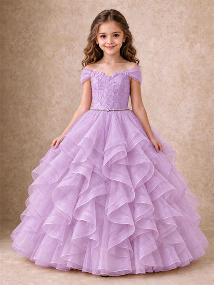 Off Shoulder Ruffle Tulle Girls Pageant Dress Lace Bodice Princess Gown With Pearl Belt