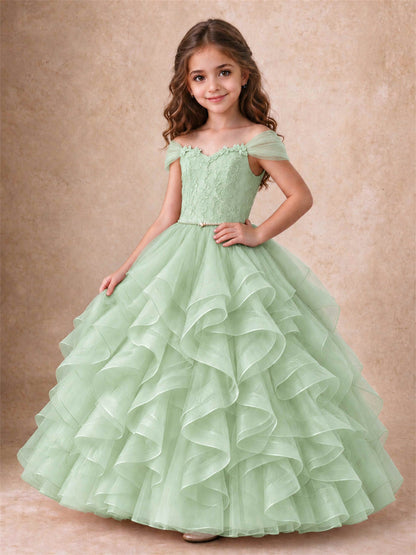 Off Shoulder Ruffle Tulle Girls Pageant Dress Lace Bodice Princess Gown With Pearl Belt