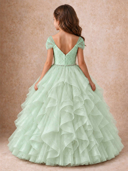 Off Shoulder Ruffle Tulle Girls Pageant Dress Lace Bodice Princess Gown With Pearl Belt
