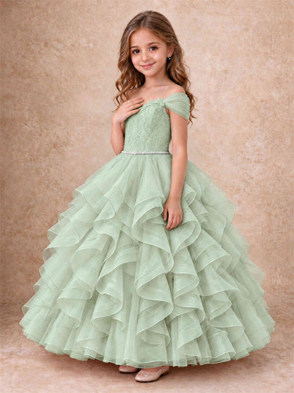 Off Shoulder Ruffle Tulle Girls Pageant Dress Lace Bodice Princess Gown With Pearl Belt