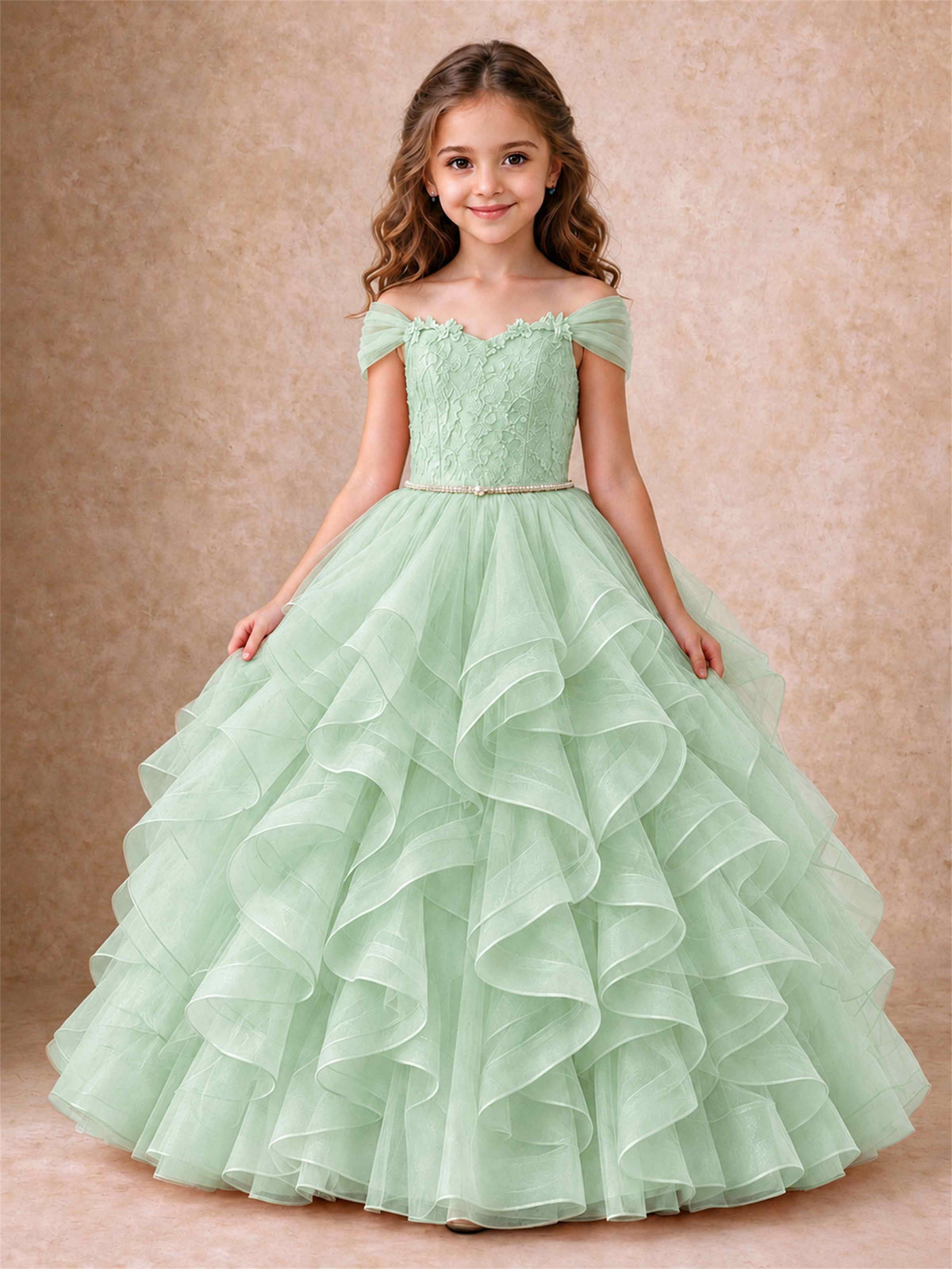 Off Shoulder Ruffle Tulle Girls Pageant Dress Lace Bodice Princess Gown With Pearl Belt