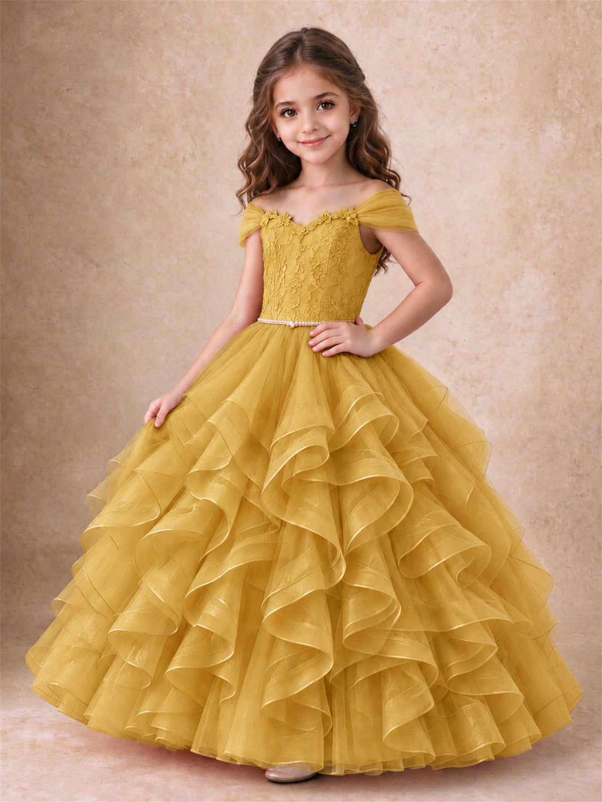 Off Shoulder Ruffle Tulle Girls Pageant Dress Lace Bodice Princess Gown With Pearl Belt