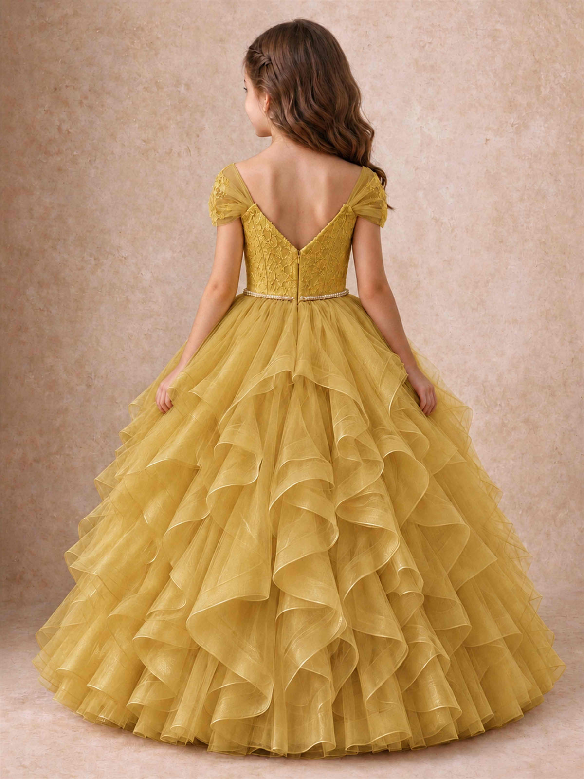 Off Shoulder Ruffle Tulle Girls Pageant Dress Lace Bodice Princess Gown With Pearl Belt