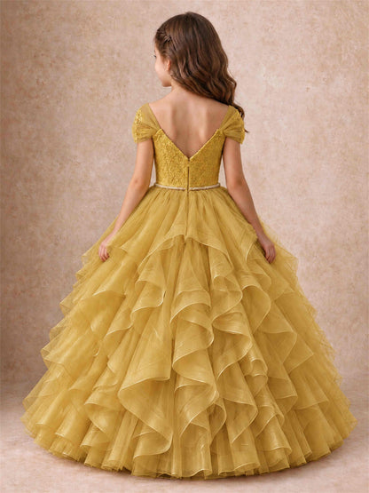 Off Shoulder Ruffle Tulle Girls Pageant Dress Lace Bodice Princess Gown With Pearl Belt