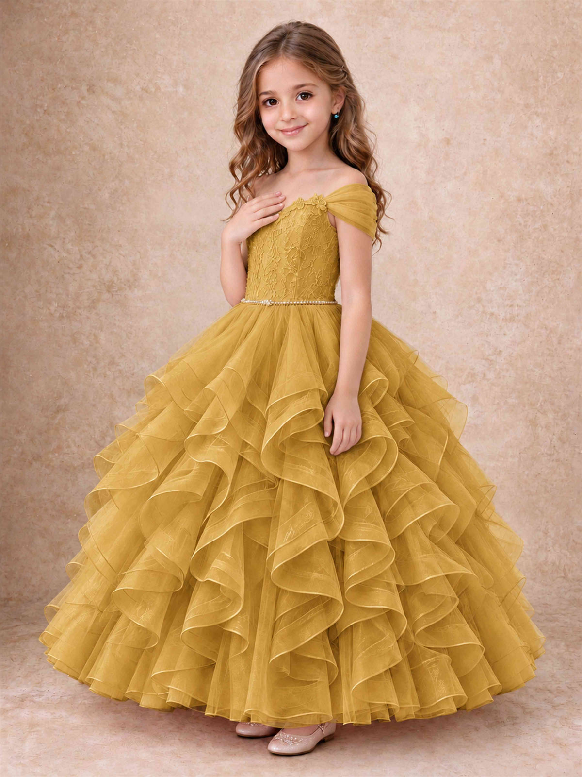 Off Shoulder Ruffle Tulle Girls Pageant Dress Lace Bodice Princess Gown With Pearl Belt