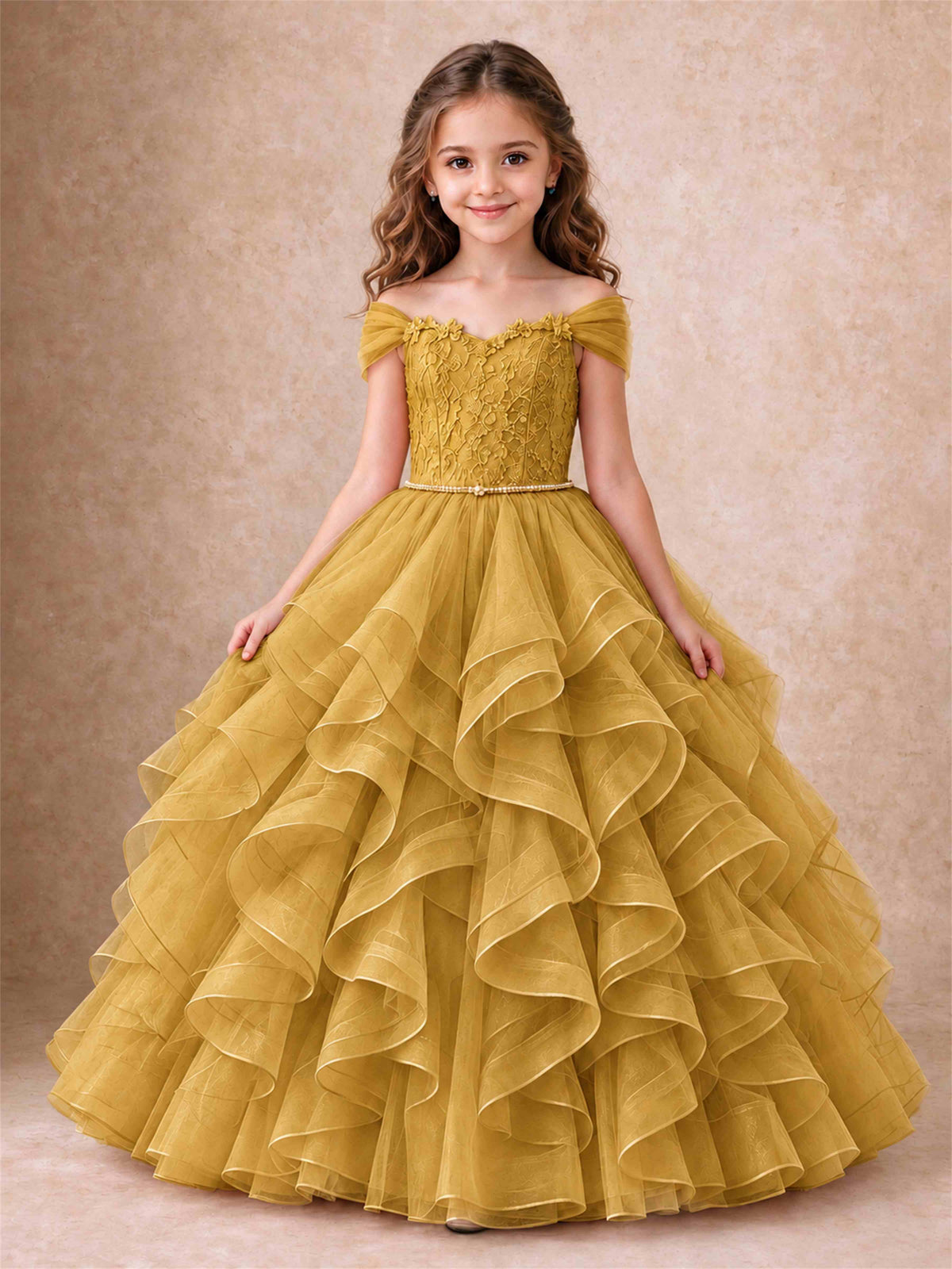 Off Shoulder Ruffle Tulle Girls Pageant Dress Lace Bodice Princess Gown With Pearl Belt