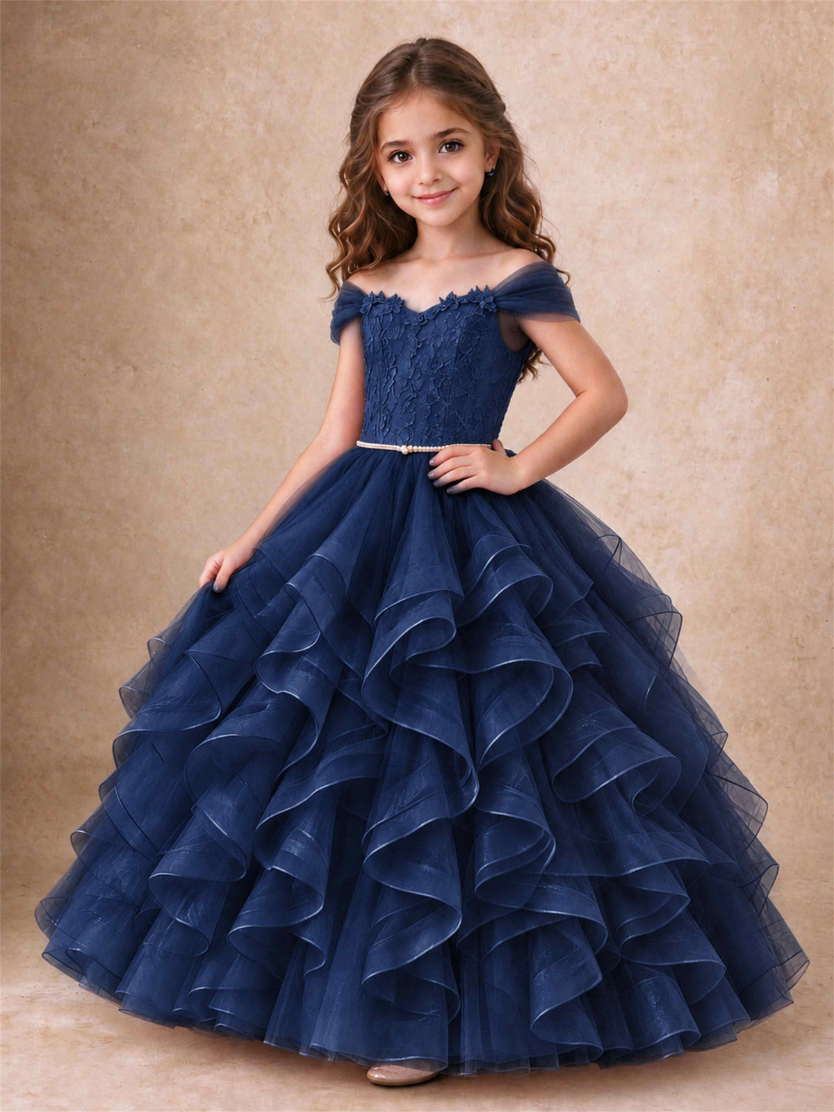 Off Shoulder Ruffle Tulle Girls Pageant Dress Lace Bodice Princess Gown With Pearl Belt