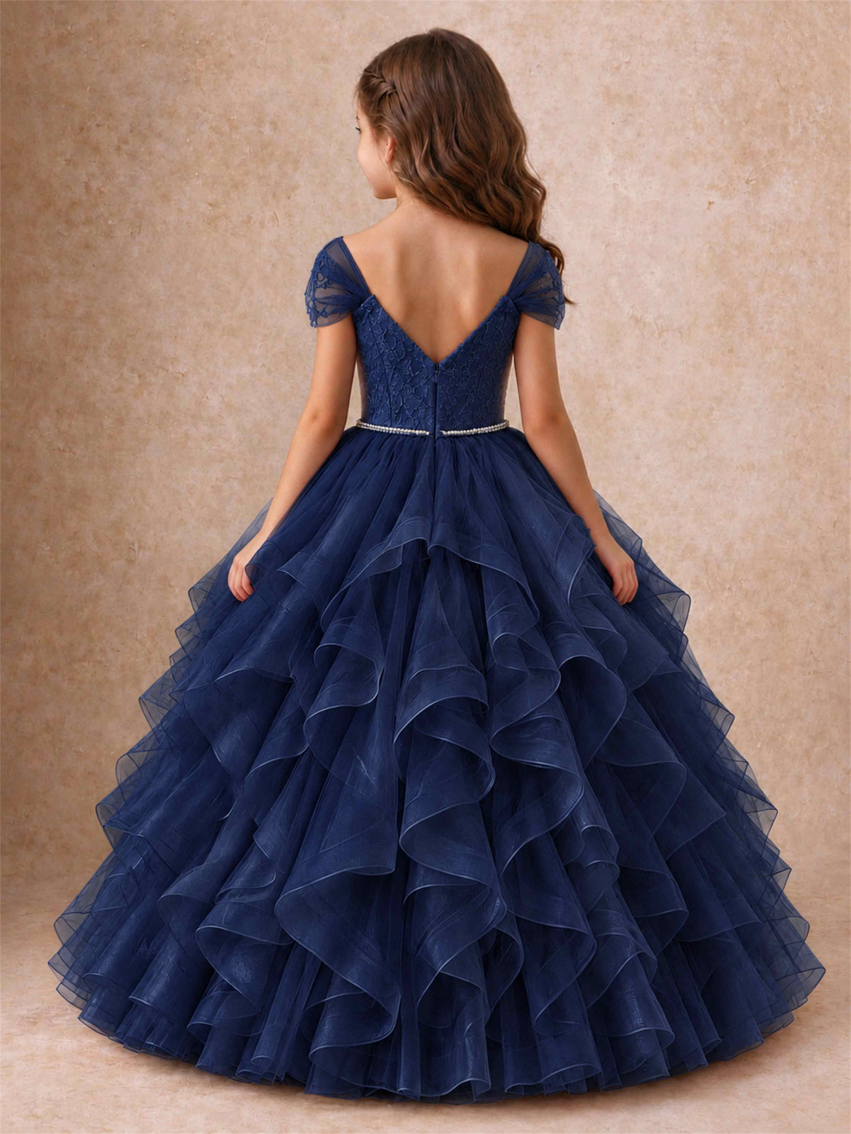 Off Shoulder Ruffle Tulle Girls Pageant Dress Lace Bodice Princess Gown With Pearl Belt