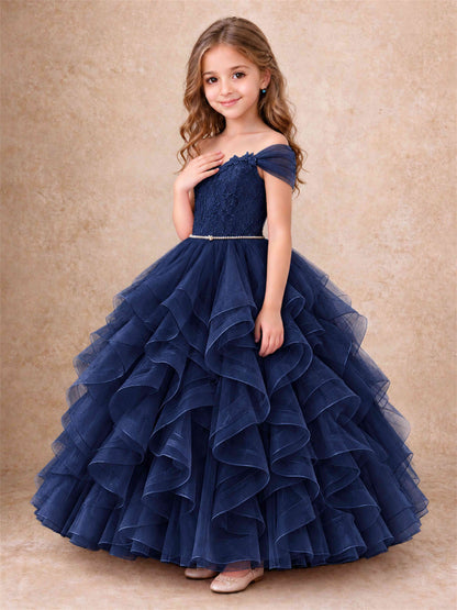 Off Shoulder Ruffle Tulle Girls Pageant Dress Lace Bodice Princess Gown With Pearl Belt