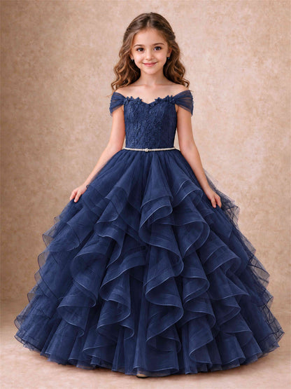 Off Shoulder Ruffle Tulle Girls Pageant Dress Lace Bodice Princess Gown With Pearl Belt