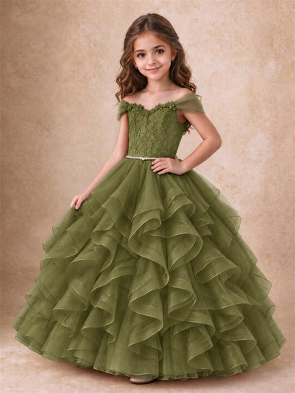 Off Shoulder Ruffle Tulle Girls Pageant Dress Lace Bodice Princess Gown With Pearl Belt