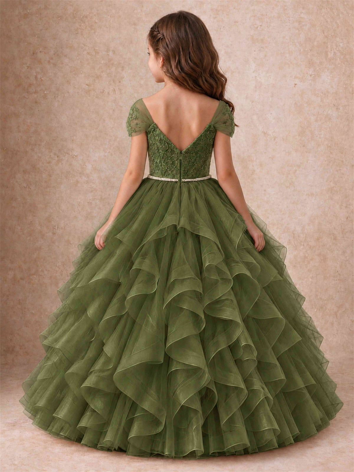 Off Shoulder Ruffle Tulle Girls Pageant Dress Lace Bodice Princess Gown With Pearl Belt