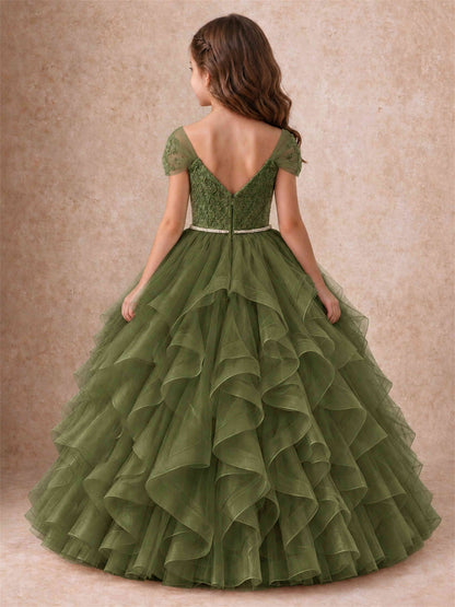 Off Shoulder Ruffle Tulle Girls Pageant Dress Lace Bodice Princess Gown With Pearl Belt