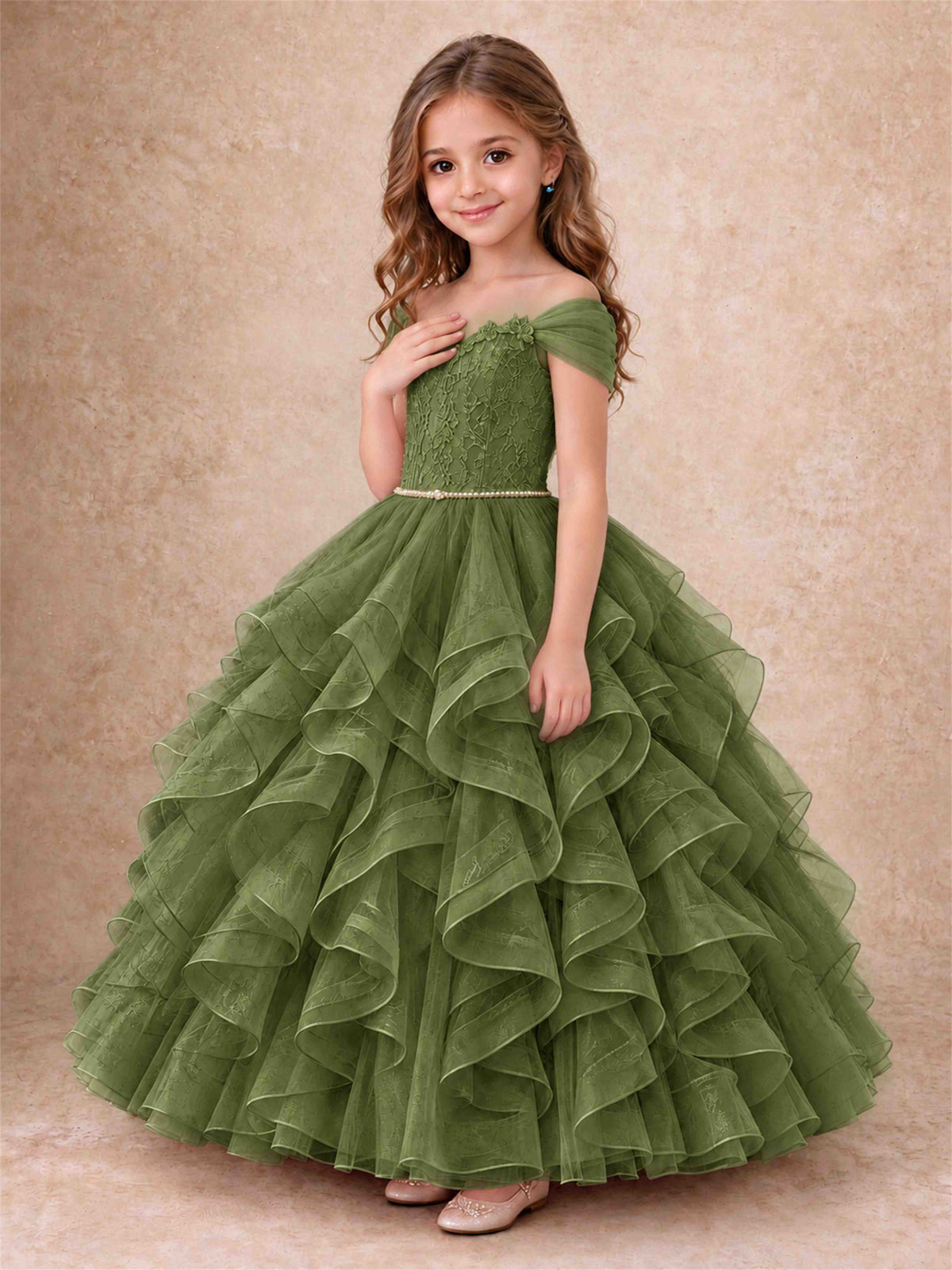 Off Shoulder Ruffle Tulle Girls Pageant Dress Lace Bodice Princess Gown With Pearl Belt