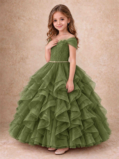 Off Shoulder Ruffle Tulle Girls Pageant Dress Lace Bodice Princess Gown With Pearl Belt
