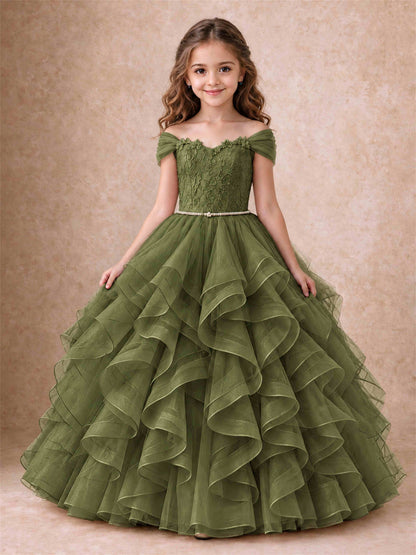 Off Shoulder Ruffle Tulle Girls Pageant Dress Lace Bodice Princess Gown With Pearl Belt