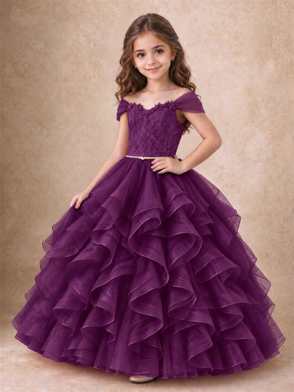 Off Shoulder Ruffle Tulle Girls Pageant Dress Lace Bodice Princess Gown With Pearl Belt