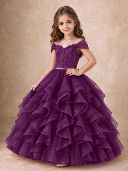 Off Shoulder Ruffle Tulle Girls Pageant Dress Lace Bodice Princess Gown With Pearl Belt