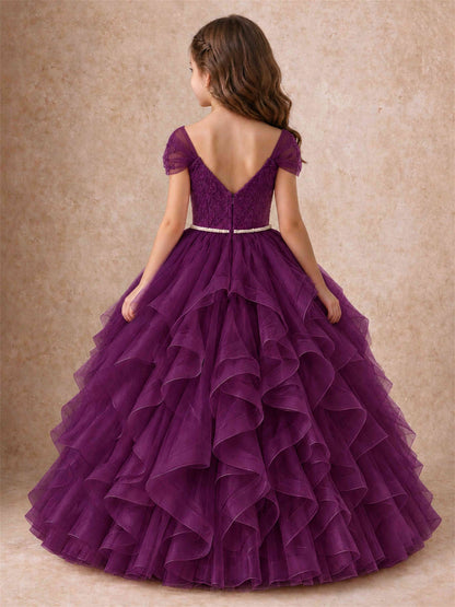 Off Shoulder Ruffle Tulle Girls Pageant Dress Lace Bodice Princess Gown With Pearl Belt