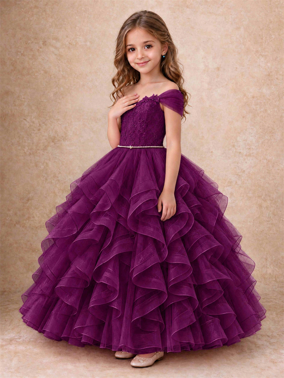 Off Shoulder Ruffle Tulle Girls Pageant Dress Lace Bodice Princess Gown With Pearl Belt