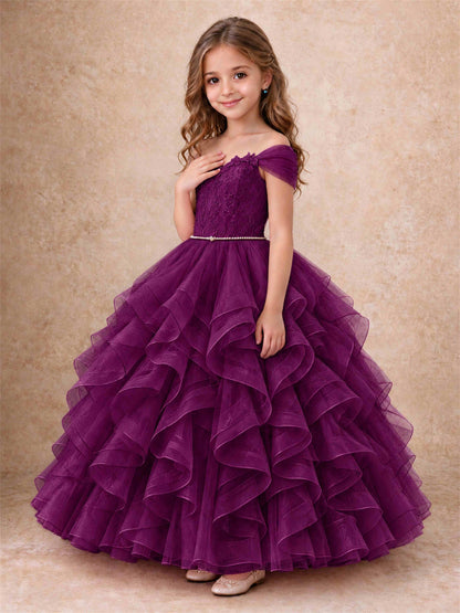 Off Shoulder Ruffle Tulle Girls Pageant Dress Lace Bodice Princess Gown With Pearl Belt