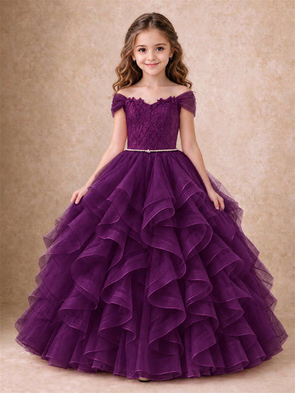 Off Shoulder Ruffle Tulle Girls Pageant Dress Lace Bodice Princess Gown With Pearl Belt
