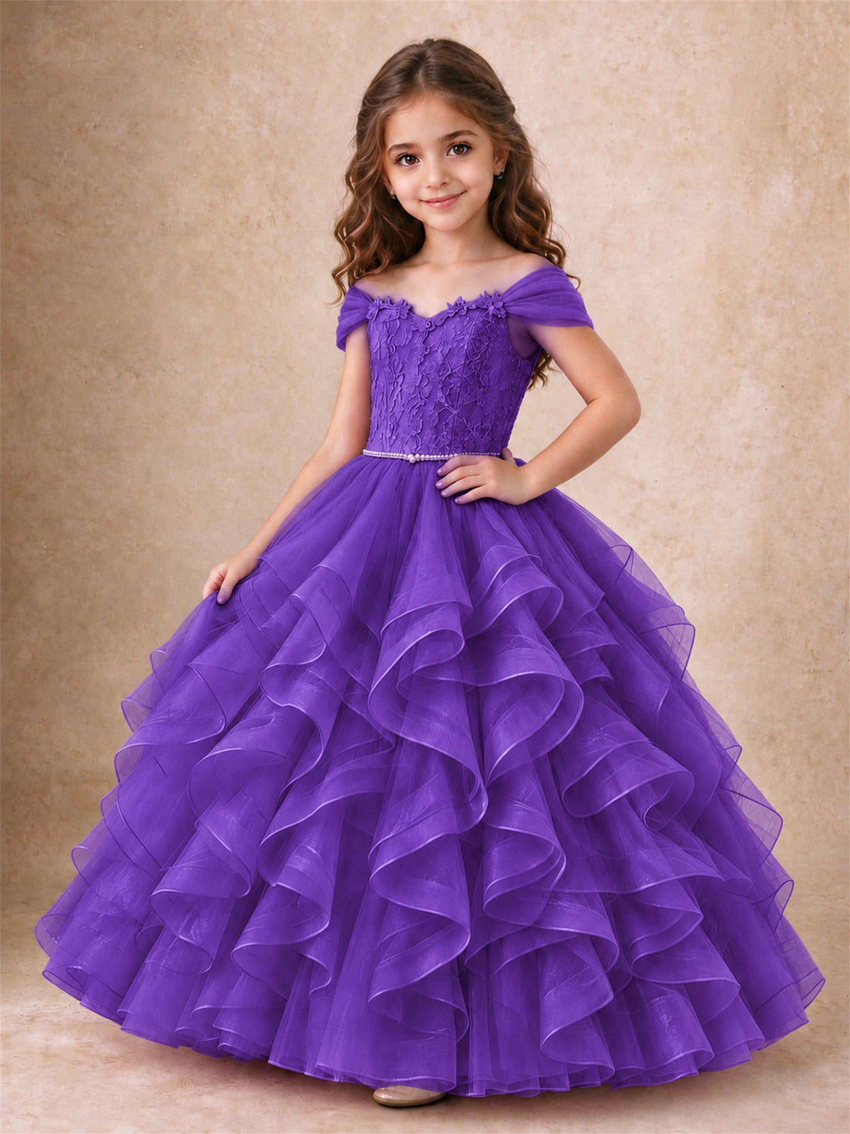 Off Shoulder Ruffle Tulle Girls Pageant Dress Lace Bodice Princess Gown With Pearl Belt