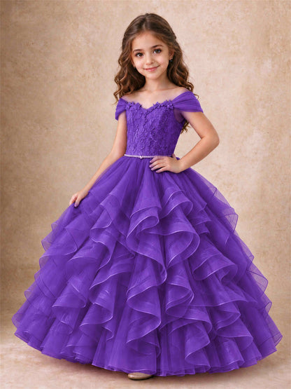 Off Shoulder Ruffle Tulle Girls Pageant Dress Lace Bodice Princess Gown With Pearl Belt