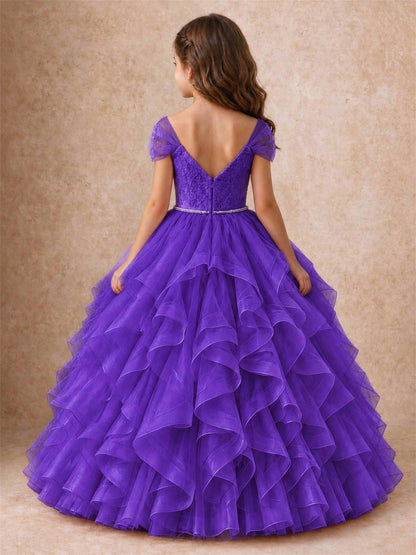 Off Shoulder Ruffle Tulle Girls Pageant Dress Lace Bodice Princess Gown With Pearl Belt