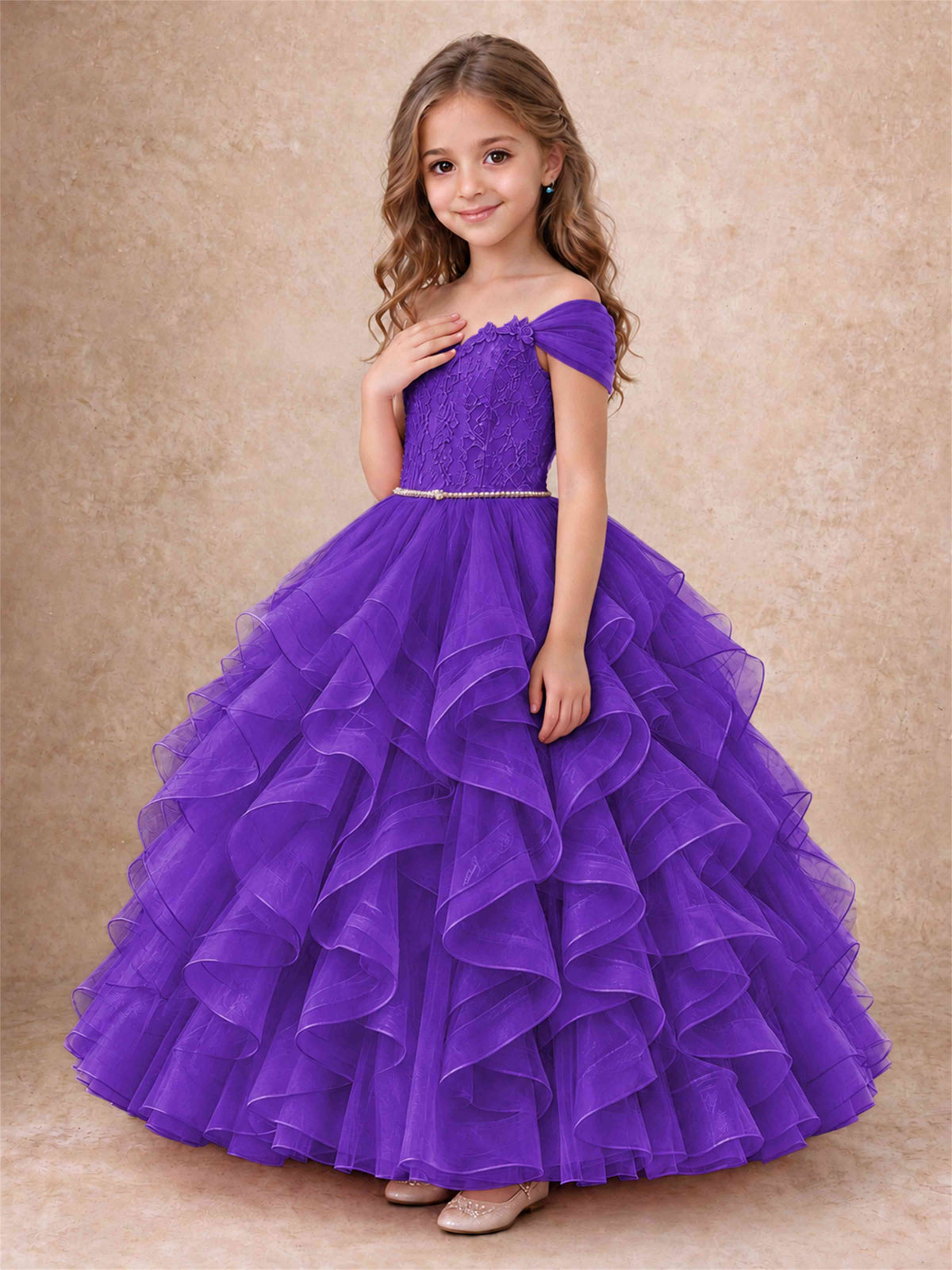 Off Shoulder Ruffle Tulle Girls Pageant Dress Lace Bodice Princess Gown With Pearl Belt