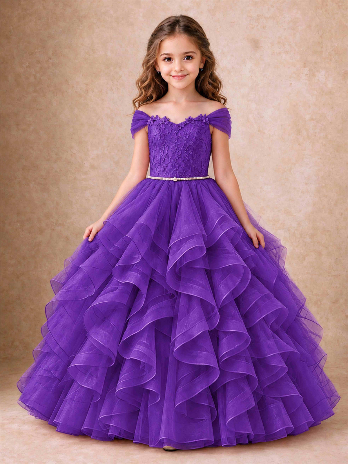 Off Shoulder Ruffle Tulle Girls Pageant Dress Lace Bodice Princess Gown With Pearl Belt