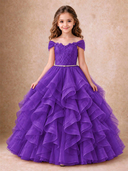 Off Shoulder Ruffle Tulle Girls Pageant Dress Lace Bodice Princess Gown With Pearl Belt