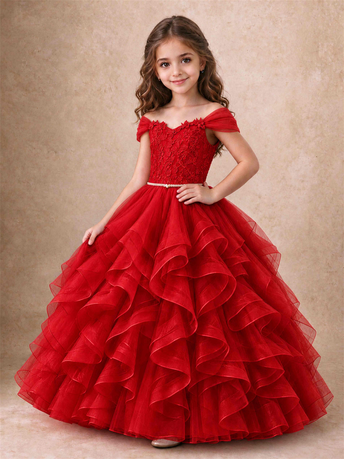 Off Shoulder Ruffle Tulle Girls Pageant Dress Lace Bodice Princess Gown With Pearl Belt