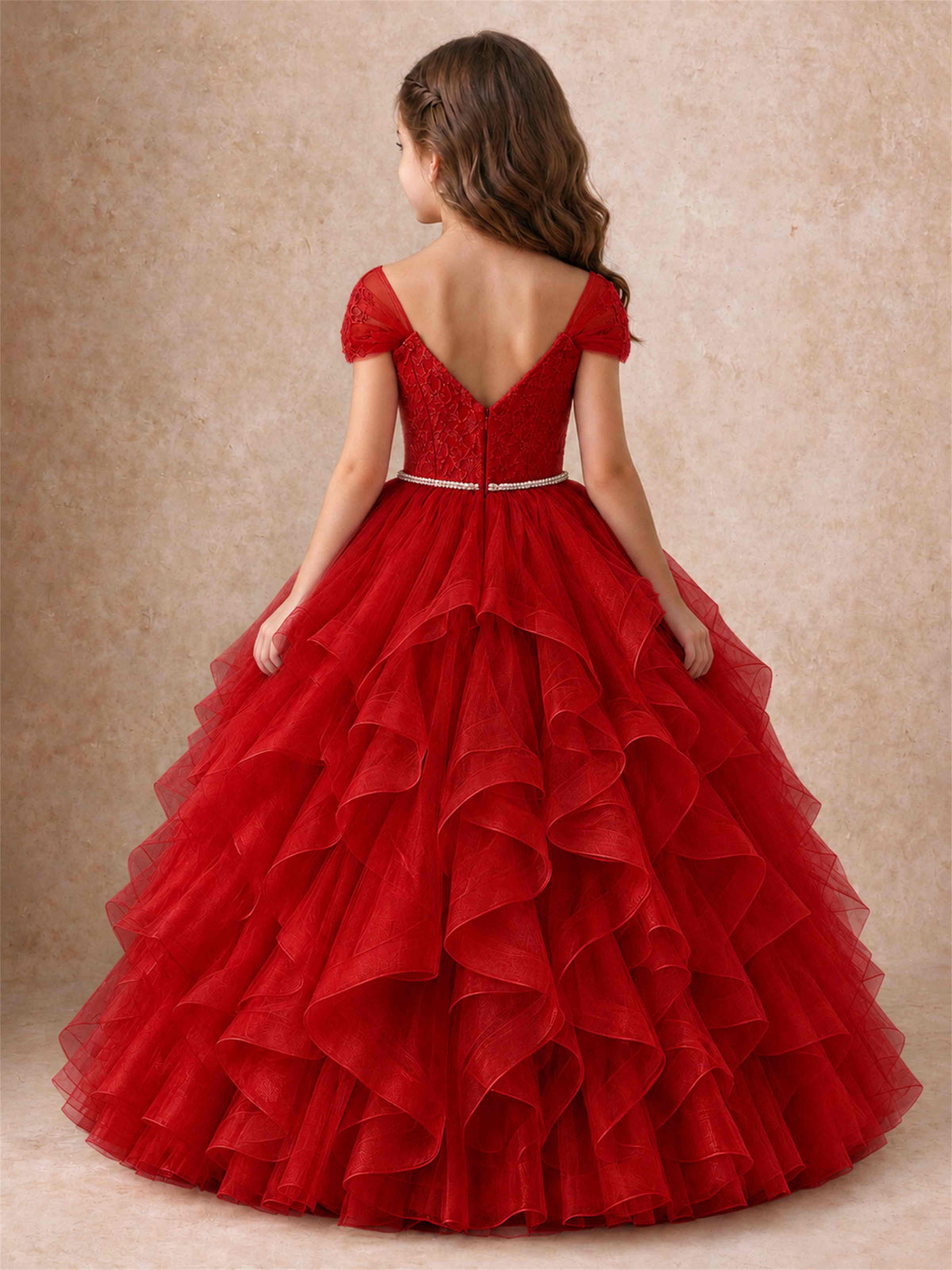 Off Shoulder Ruffle Tulle Girls Pageant Dress Lace Bodice Princess Gown With Pearl Belt