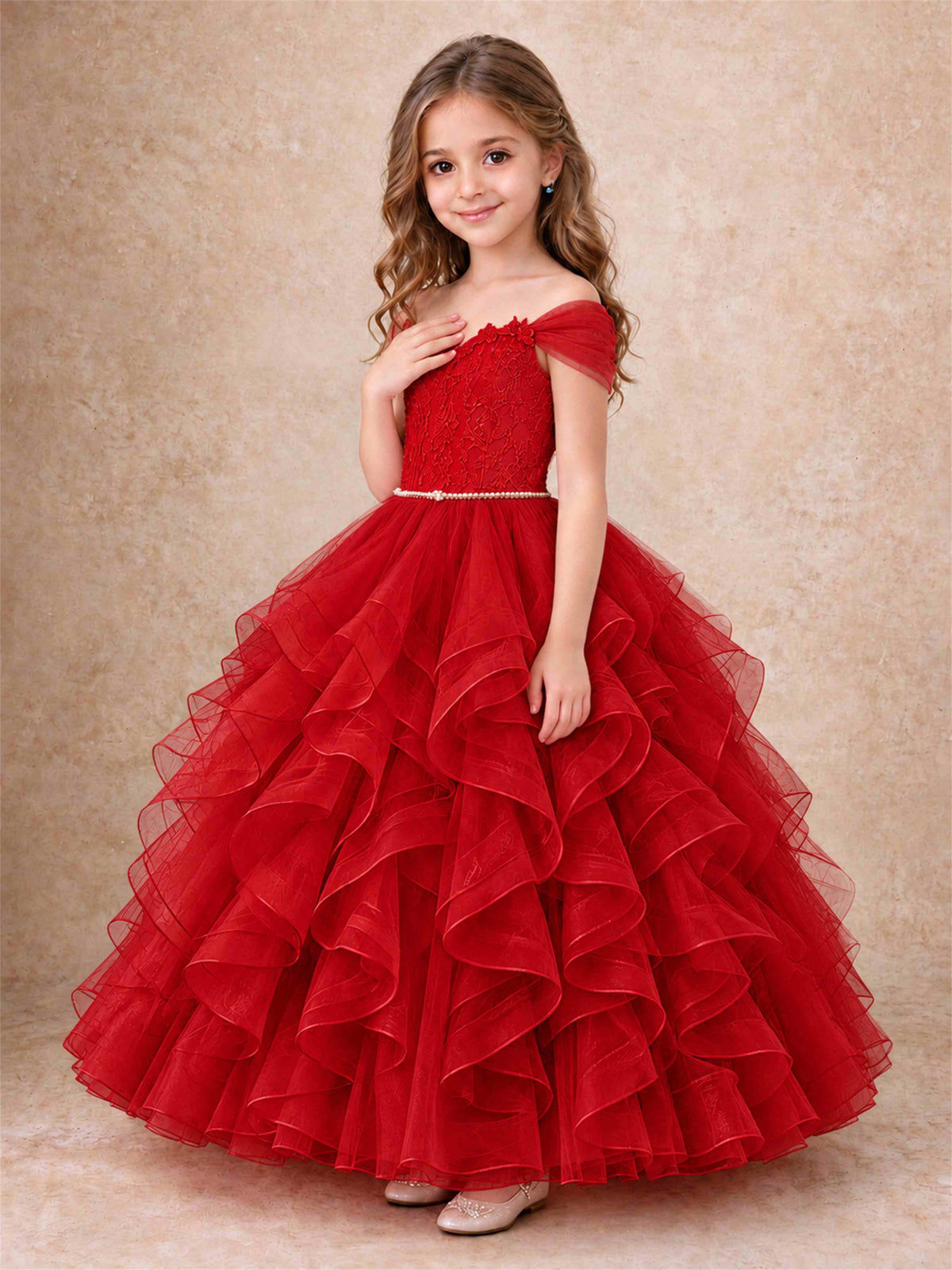 Off Shoulder Ruffle Tulle Girls Pageant Dress Lace Bodice Princess Gown With Pearl Belt