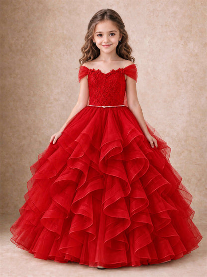 Off Shoulder Ruffle Tulle Girls Pageant Dress Lace Bodice Princess Gown With Pearl Belt