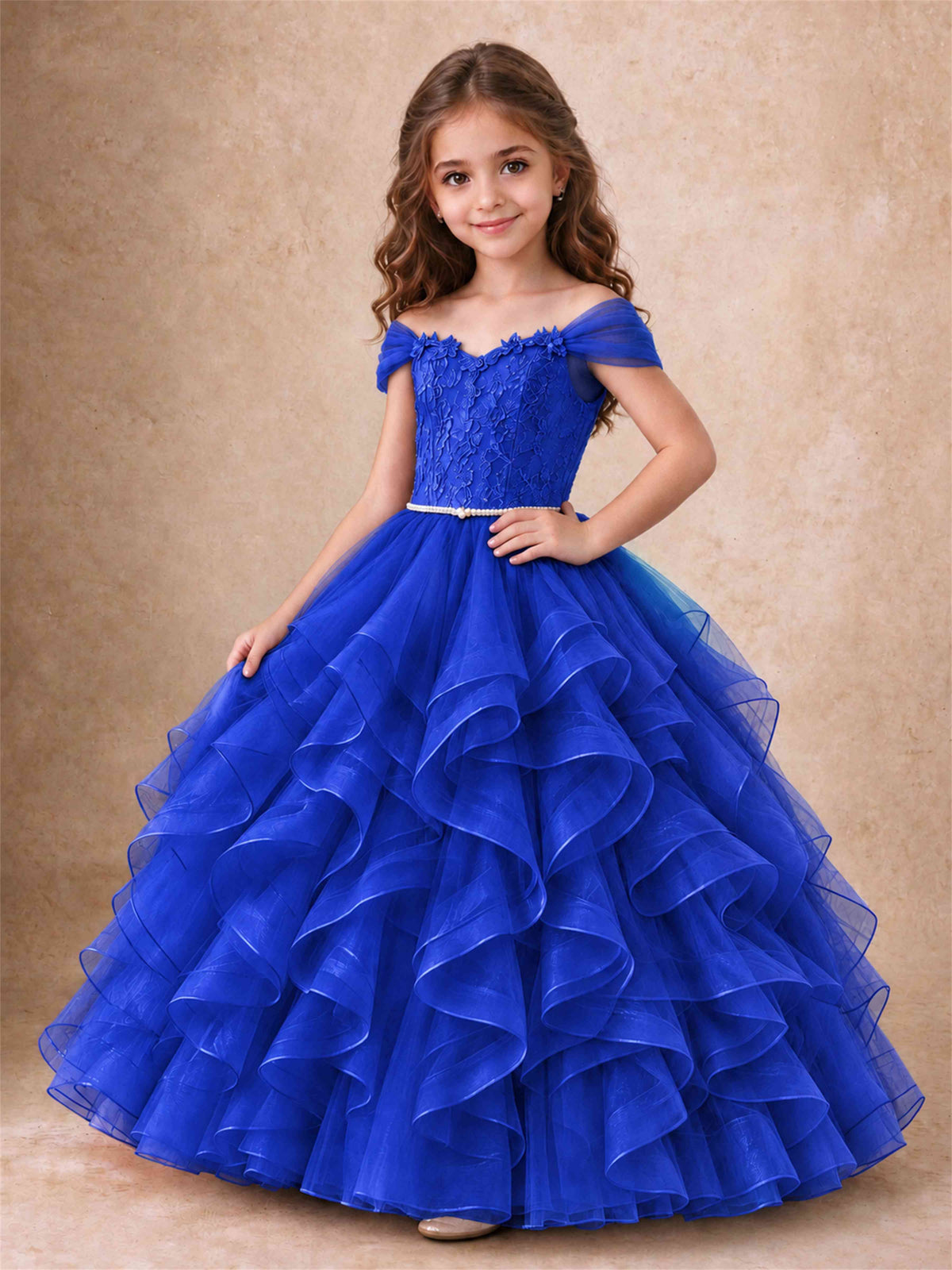 Off Shoulder Ruffle Tulle Girls Pageant Dress Lace Bodice Princess Gown With Pearl Belt