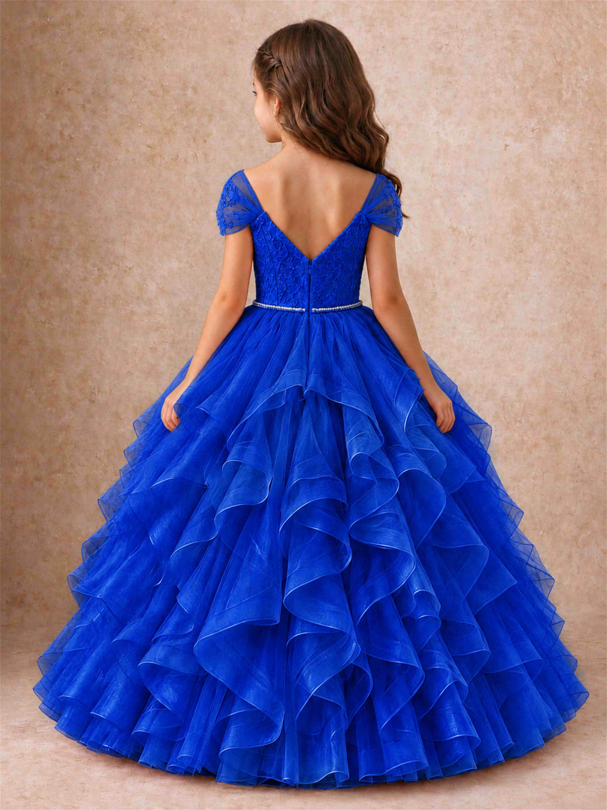 Off Shoulder Ruffle Tulle Girls Pageant Dress Lace Bodice Princess Gown With Pearl Belt