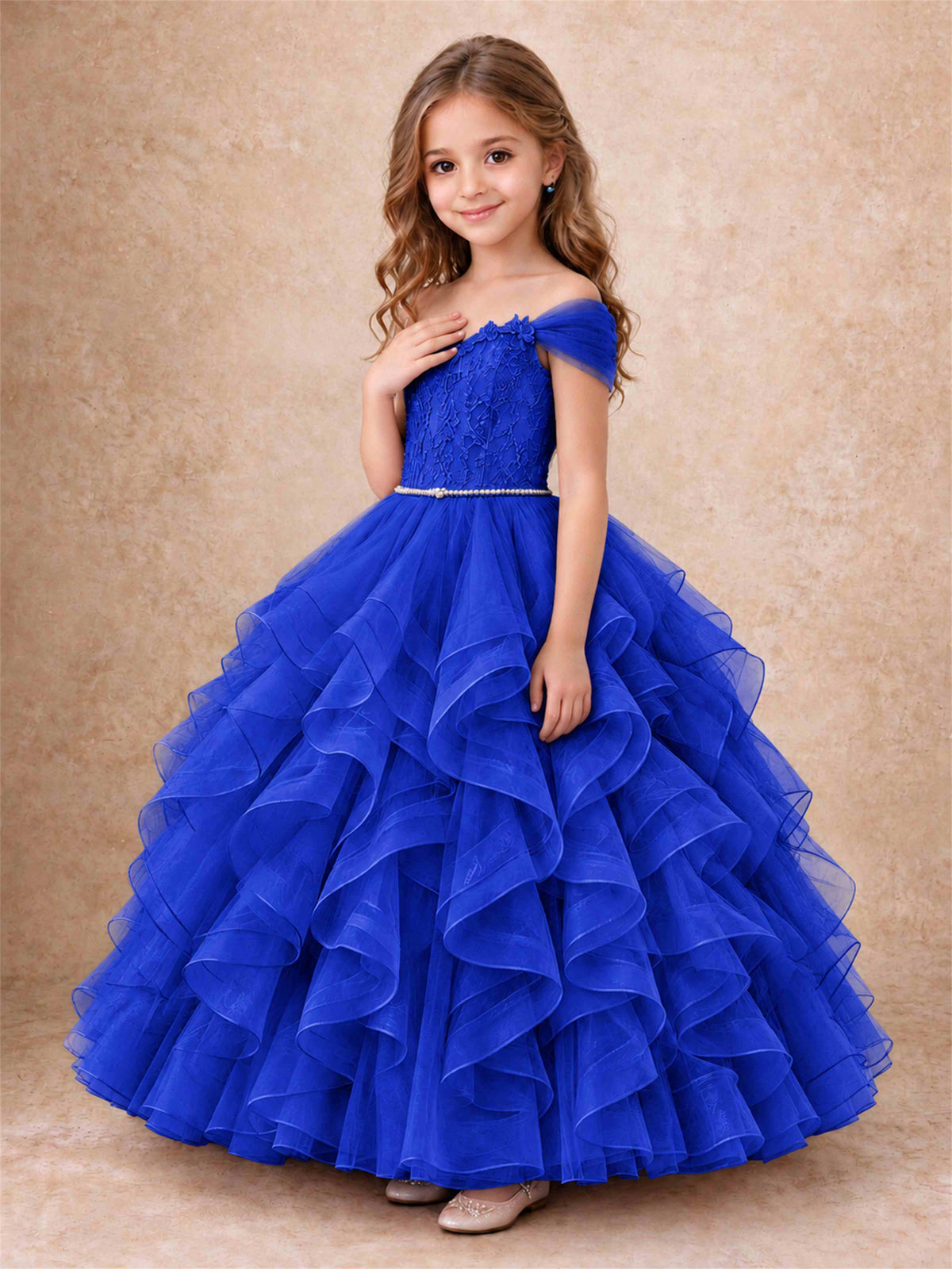 Off Shoulder Ruffle Tulle Girls Pageant Dress Lace Bodice Princess Gown With Pearl Belt