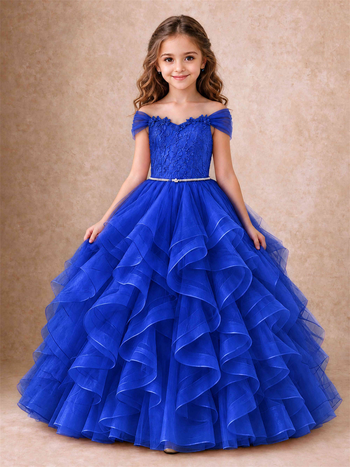 Off Shoulder Ruffle Tulle Girls Pageant Dress Lace Bodice Princess Gown With Pearl Belt