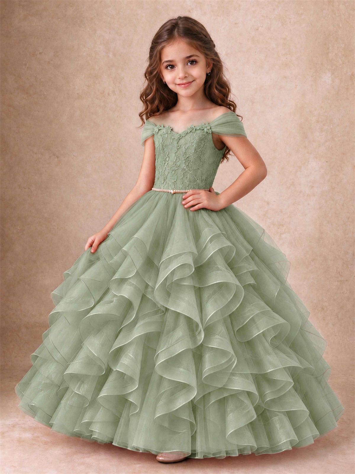 Off Shoulder Ruffle Tulle Girls Pageant Dress Lace Bodice Princess Gown With Pearl Belt